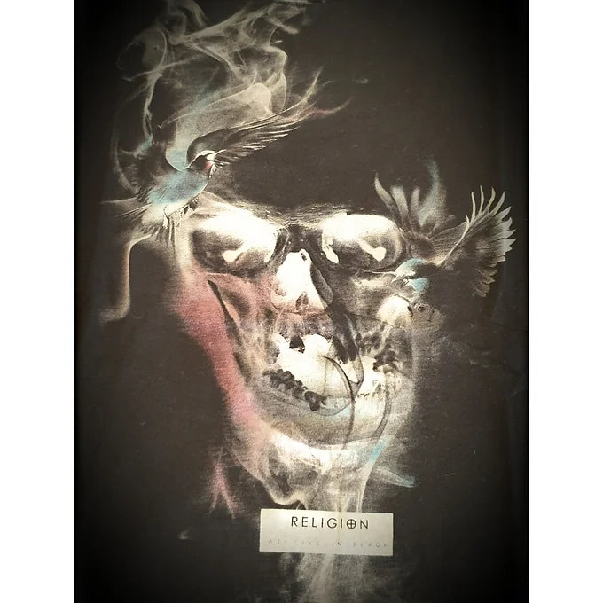 Religion Men's Black Smoke Skull Print T-Shirt